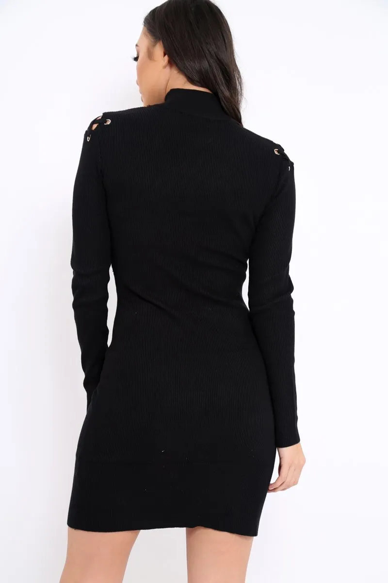 Black Ribbed Cut Out Lace Jumper Dress - Cierra