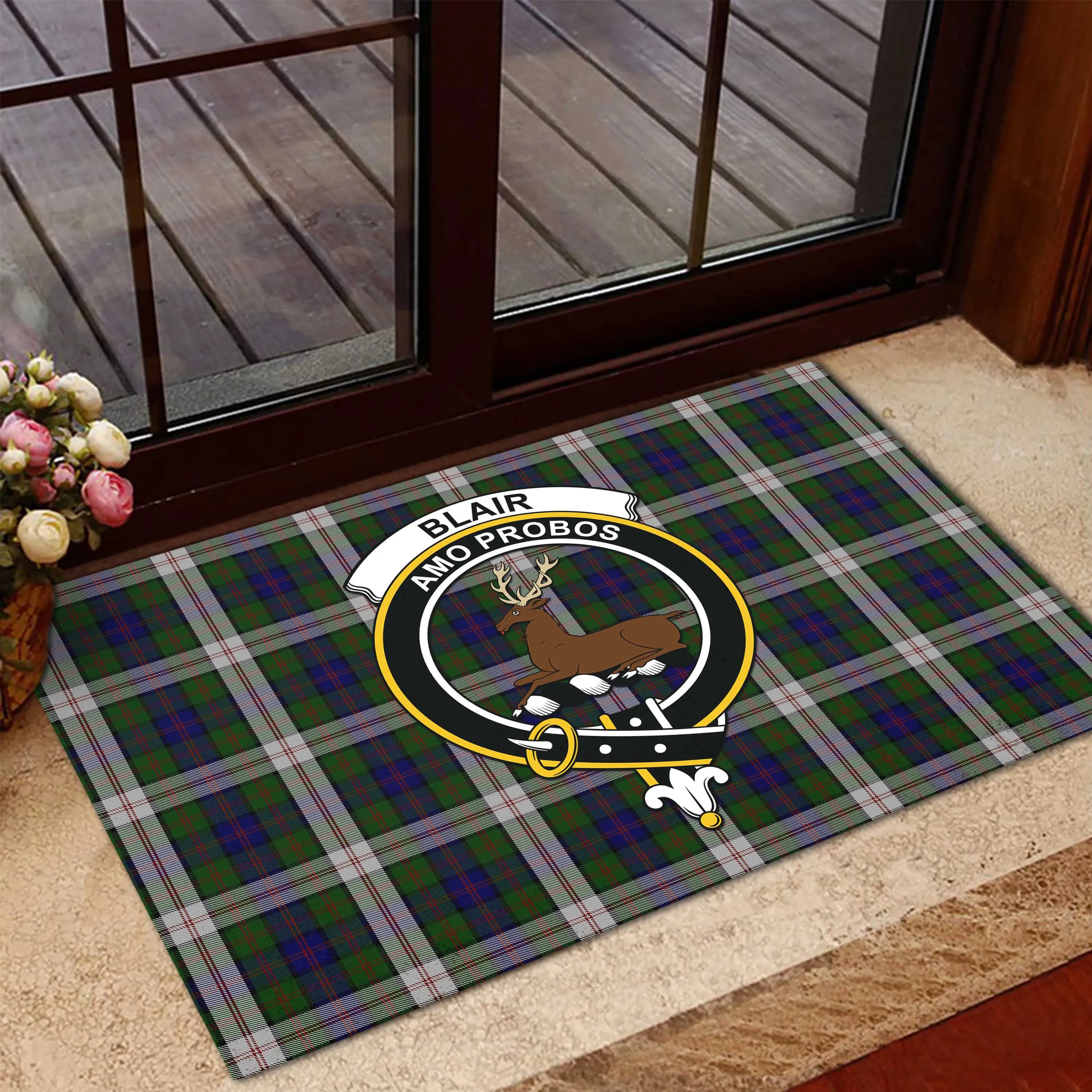 Blair Dress Tartan Door Mat with Family Crest