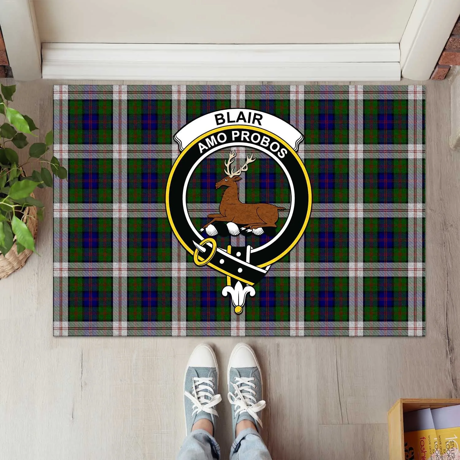 Blair Dress Tartan Door Mat with Family Crest