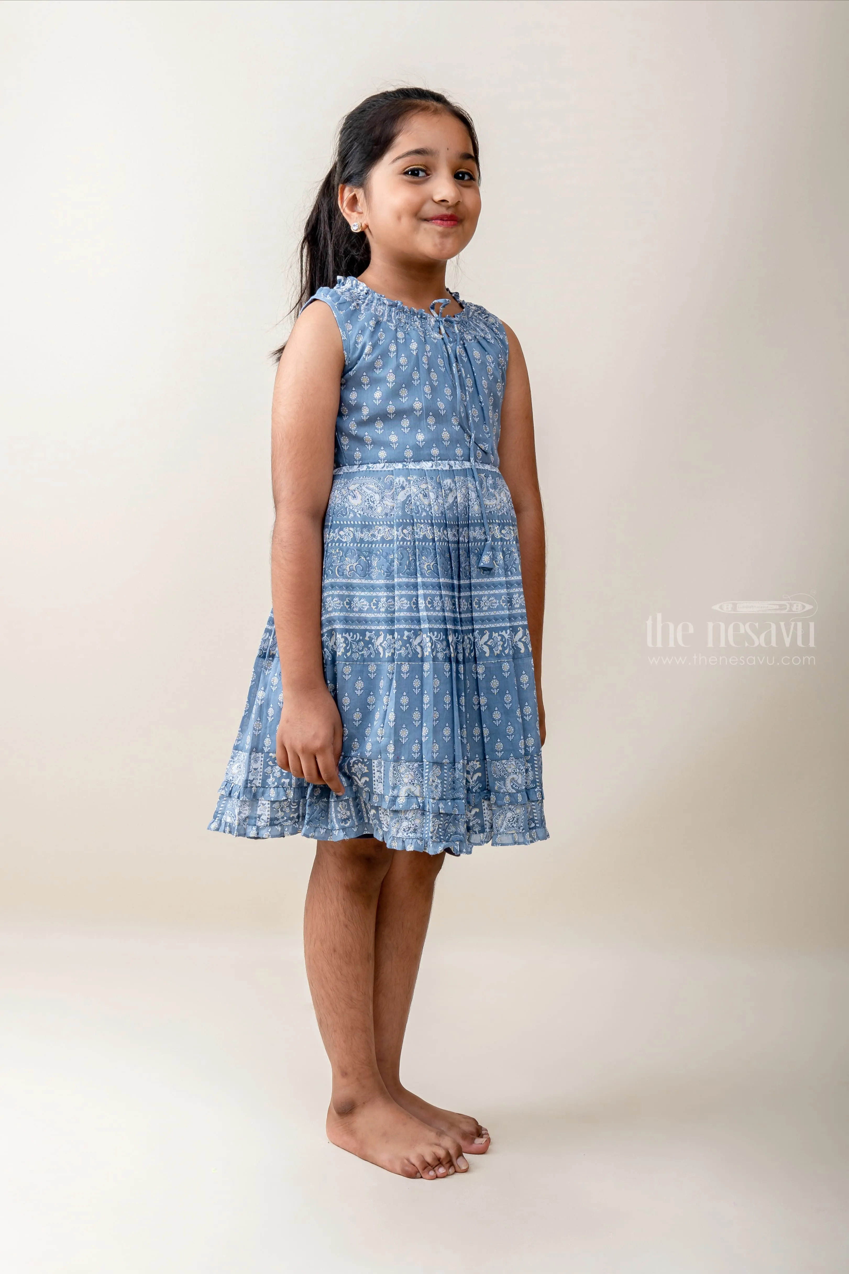 Blue Box Pleated Printed Cotton Frock For Baby Girls