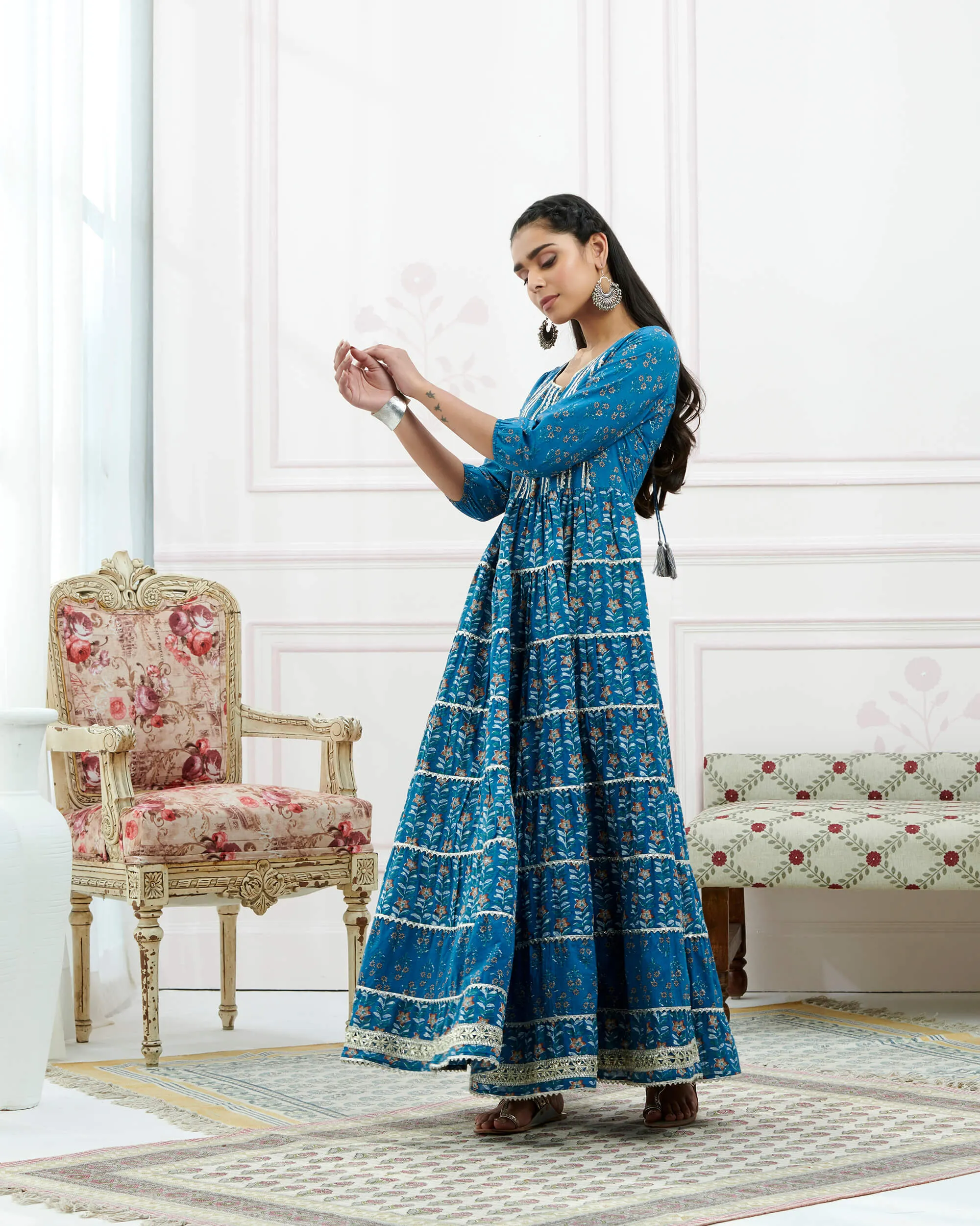 Blue Cotton Hand Block Bagru Printed Tiered Dress With Gotta Lace