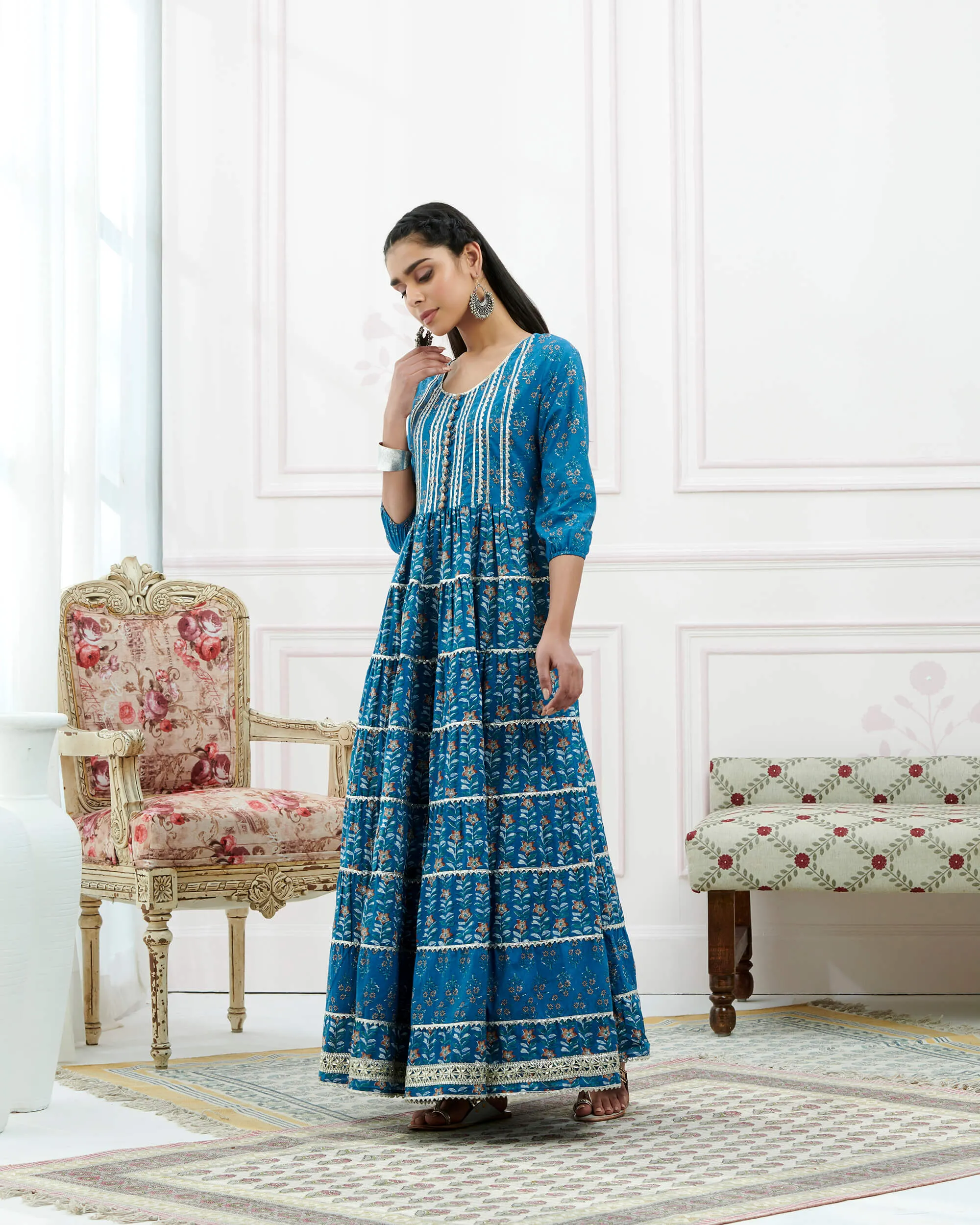 Blue Cotton Hand Block Bagru Printed Tiered Dress With Gotta Lace