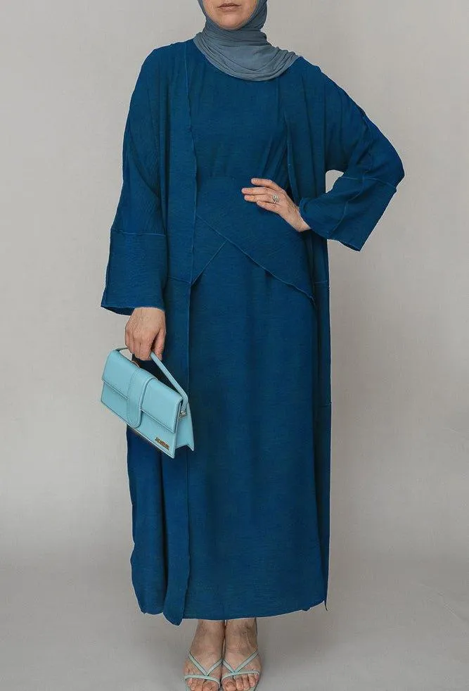 Blue three piece maxi abaya with apron and inside out stitching