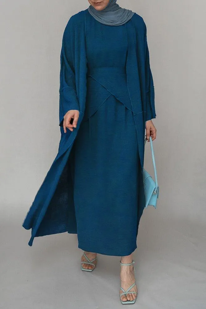 Blue three piece maxi abaya with apron and inside out stitching