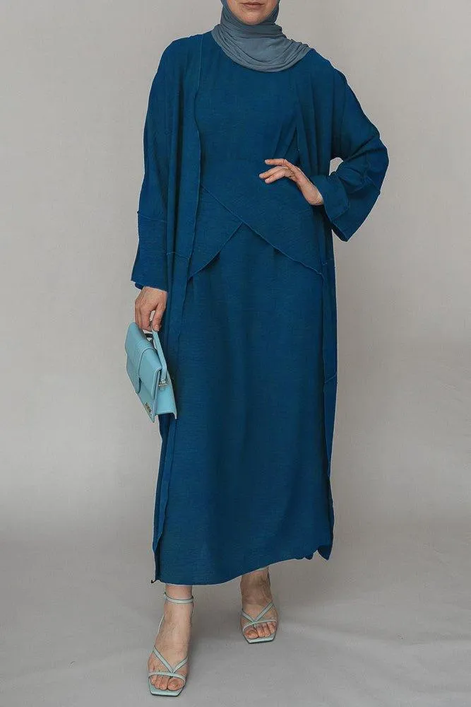 Blue three piece maxi abaya with apron and inside out stitching