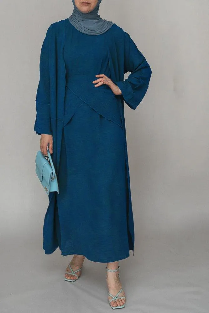 Blue three piece maxi abaya with apron and inside out stitching