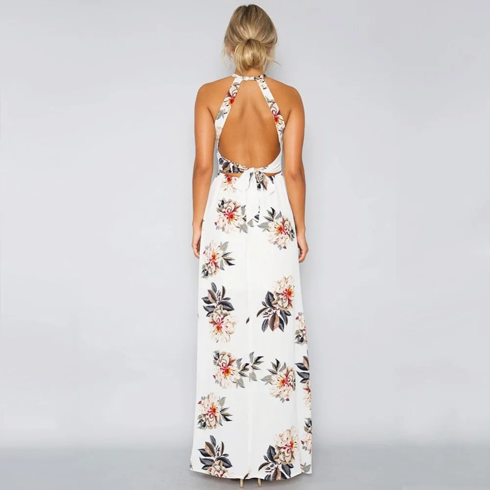 Bohemian Floral Print Summer Maxi Dress Off Shoulder Women Beach Long Backless Sexy Split Party Dresses