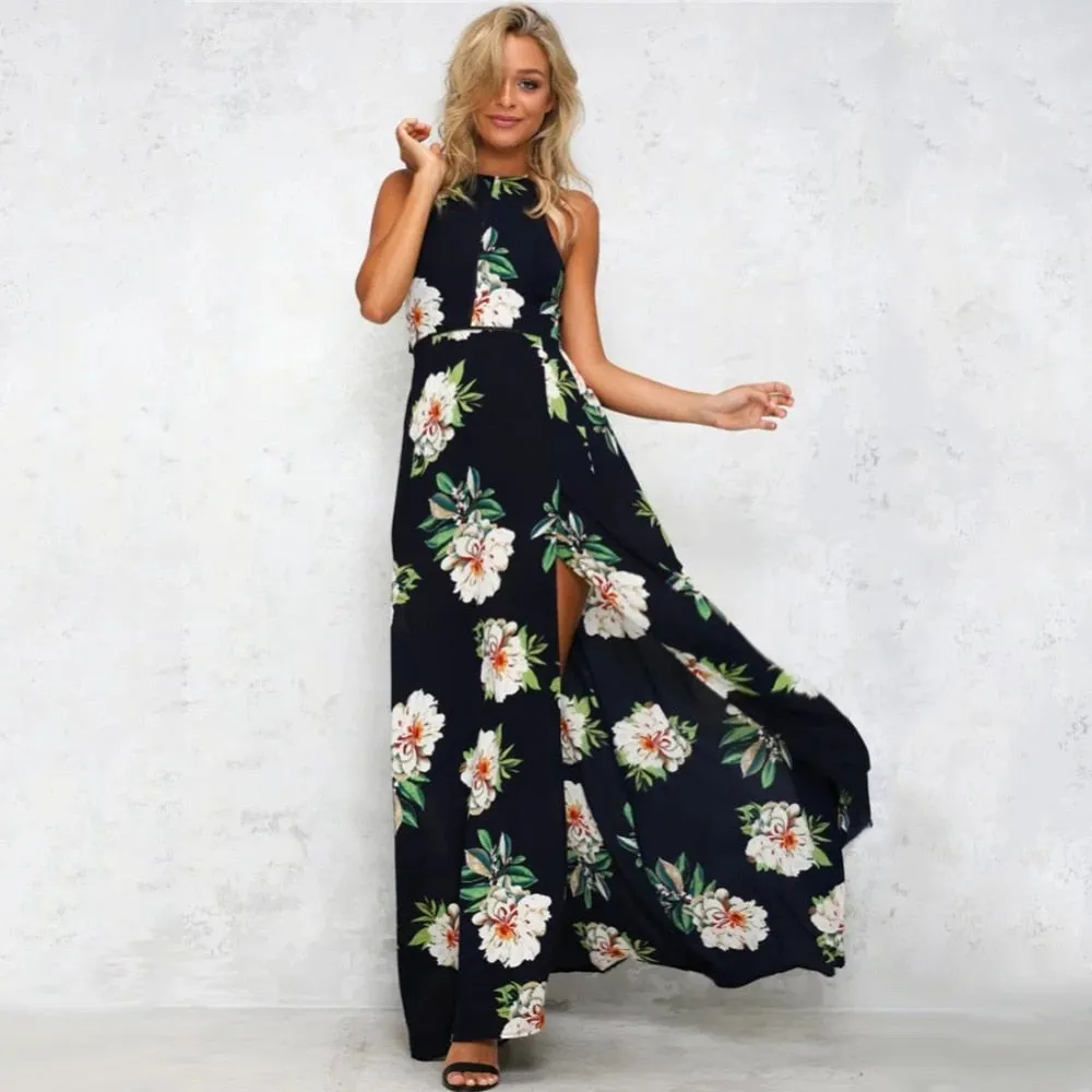 Bohemian Floral Print Summer Maxi Dress Off Shoulder Women Beach Long Backless Sexy Split Party Dresses