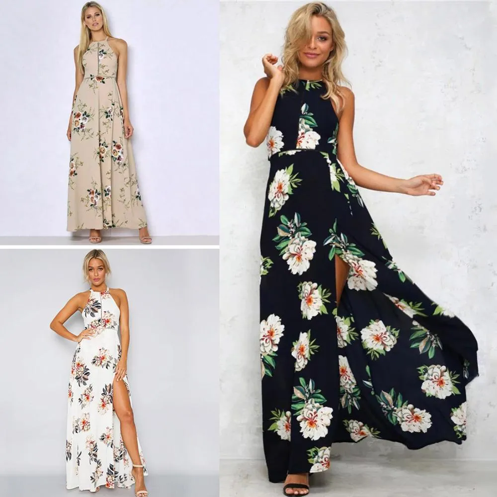 Bohemian Floral Print Summer Maxi Dress Off Shoulder Women Beach Long Backless Sexy Split Party Dresses