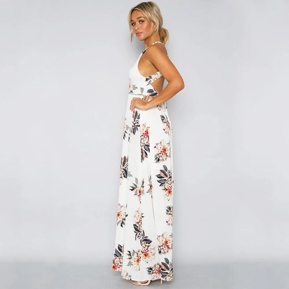 Bohemian Floral Print Summer Maxi Dress Off Shoulder Women Beach Long Backless Sexy Split Party Dresses