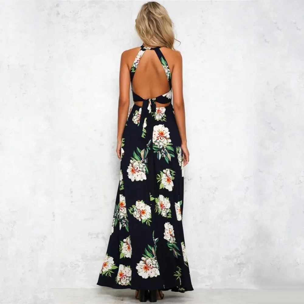 Bohemian Floral Print Summer Maxi Dress Off Shoulder Women Beach Long Backless Sexy Split Party Dresses