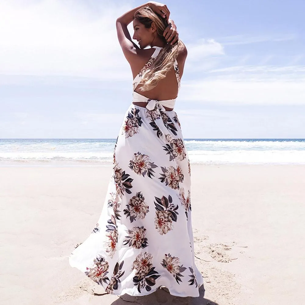 Bohemian Floral Print Summer Maxi Dress Off Shoulder Women Beach Long Backless Sexy Split Party Dresses