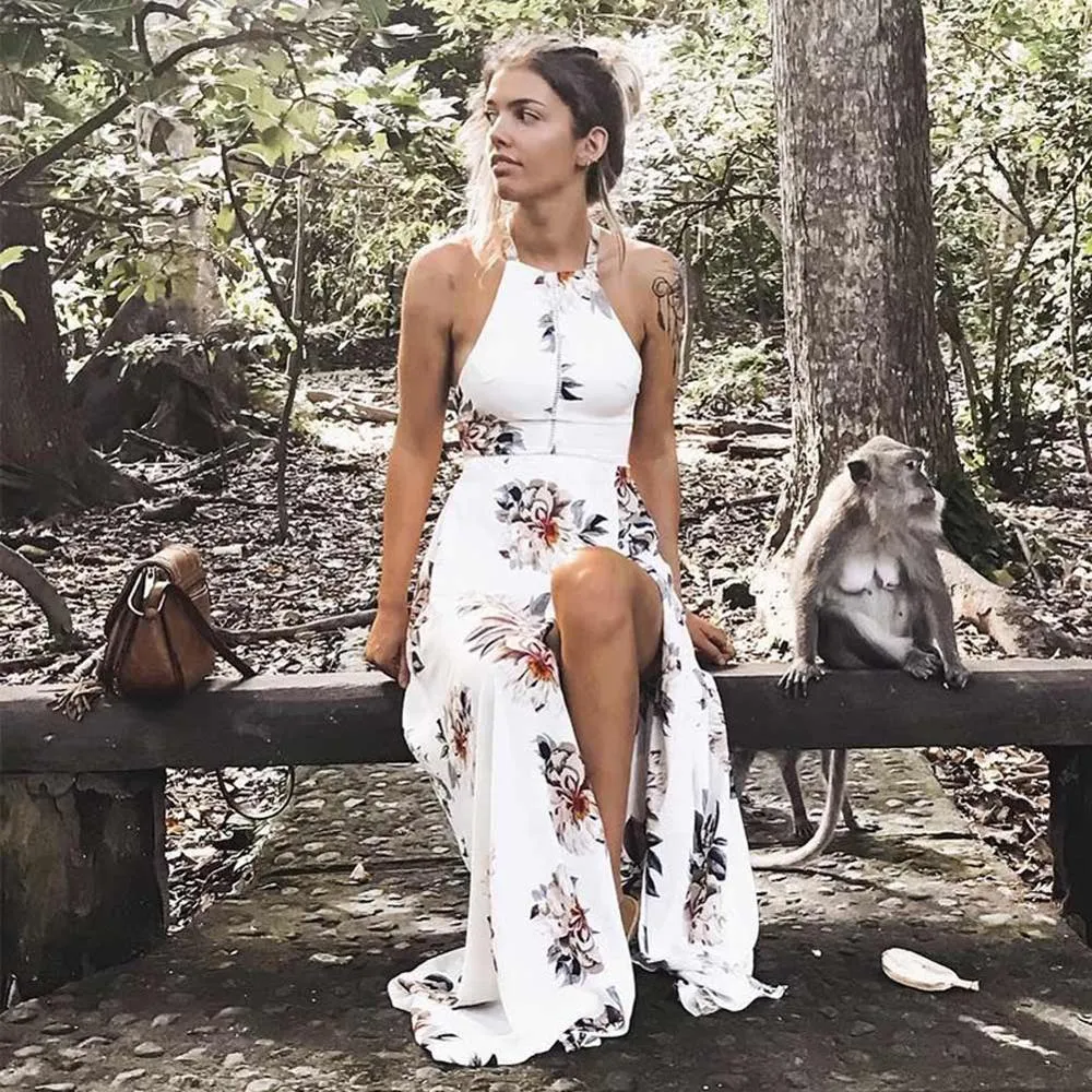 Bohemian Floral Print Summer Maxi Dress Off Shoulder Women Beach Long Backless Sexy Split Party Dresses