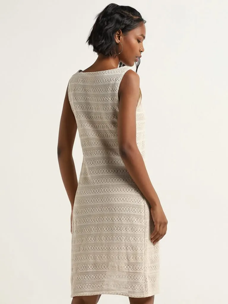 Bombay Paisley Beige Knit-Textured Straight Dress