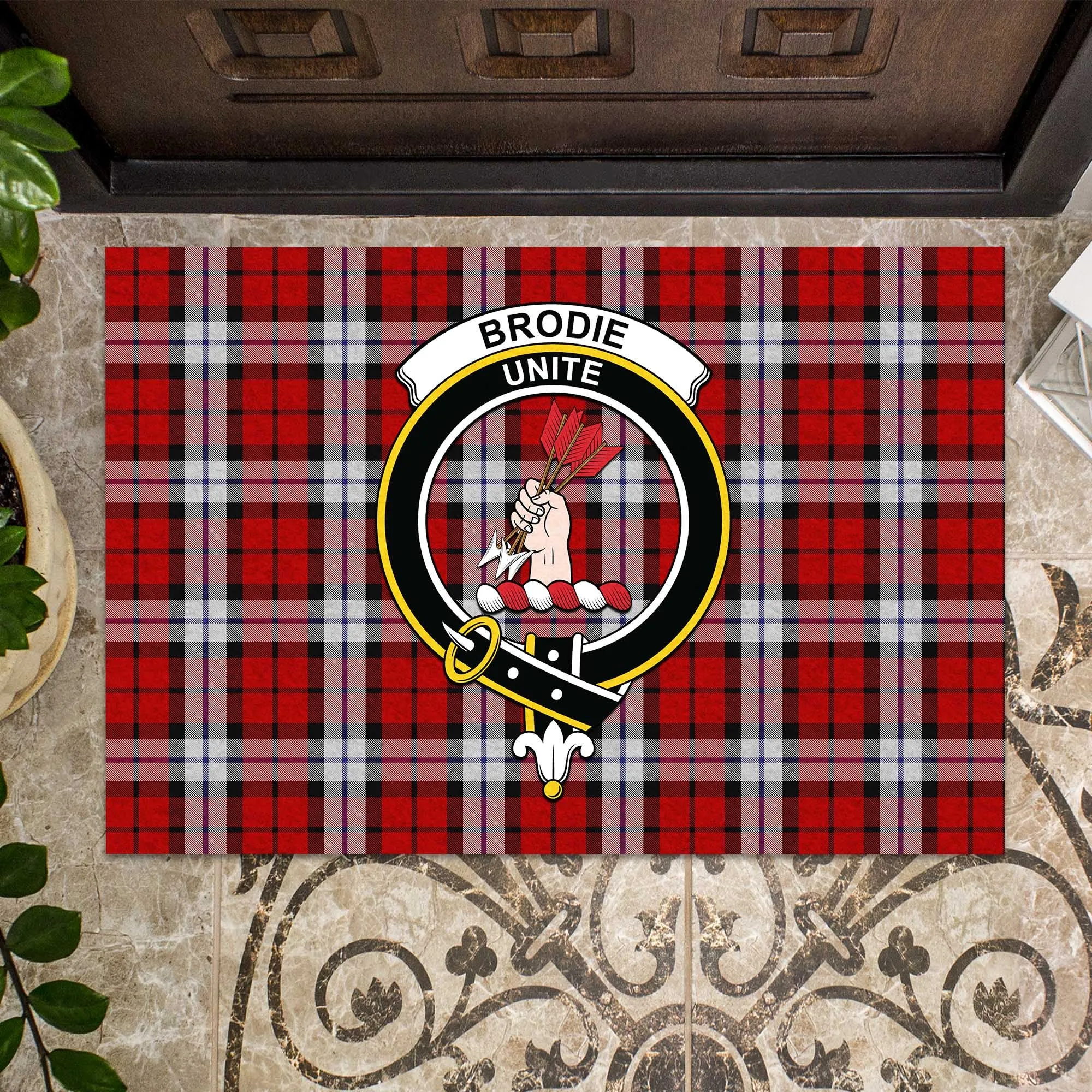 Brodie Dress Tartan Door Mat with Family Crest