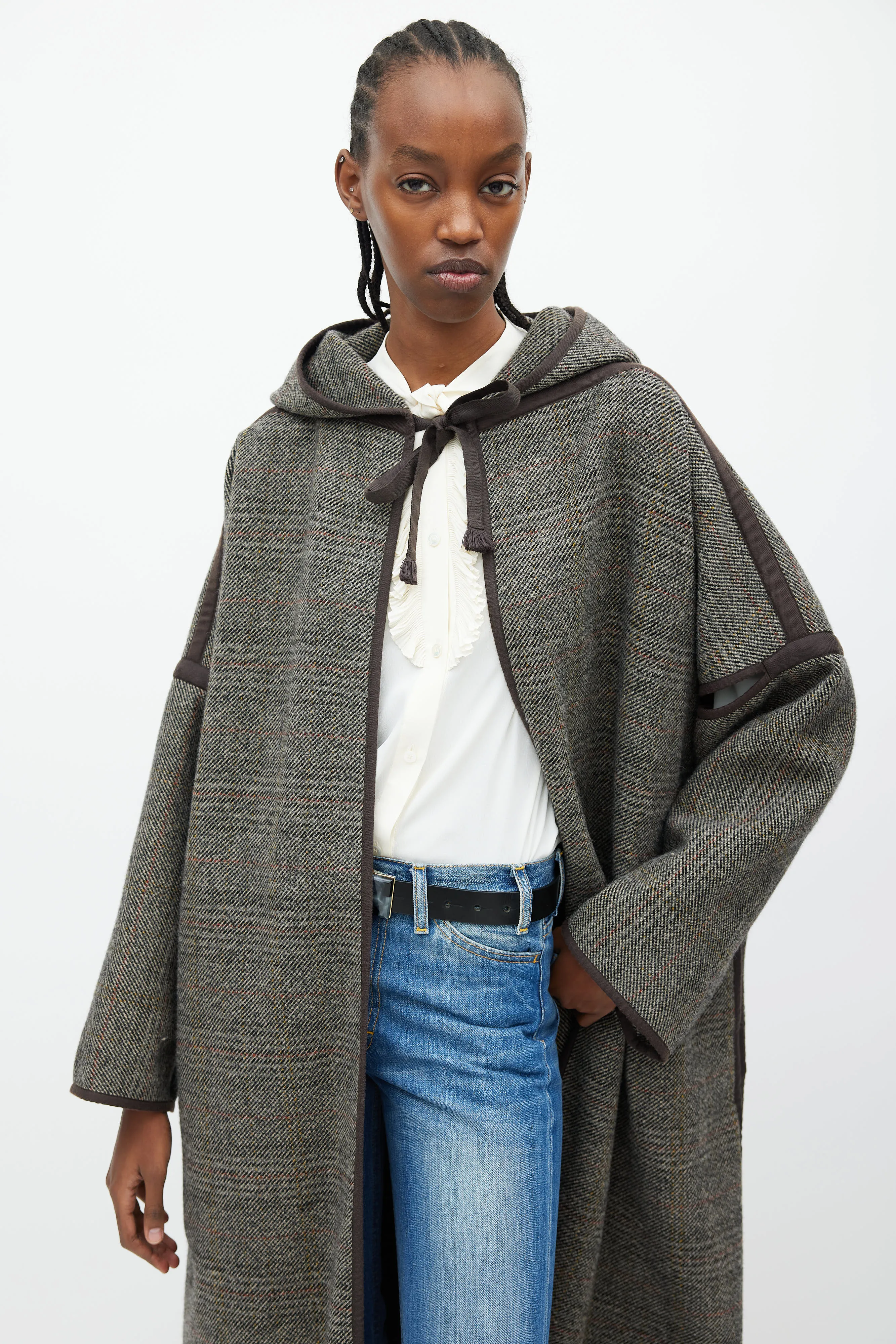 Brown & Grey Wool Hooded Open Coat