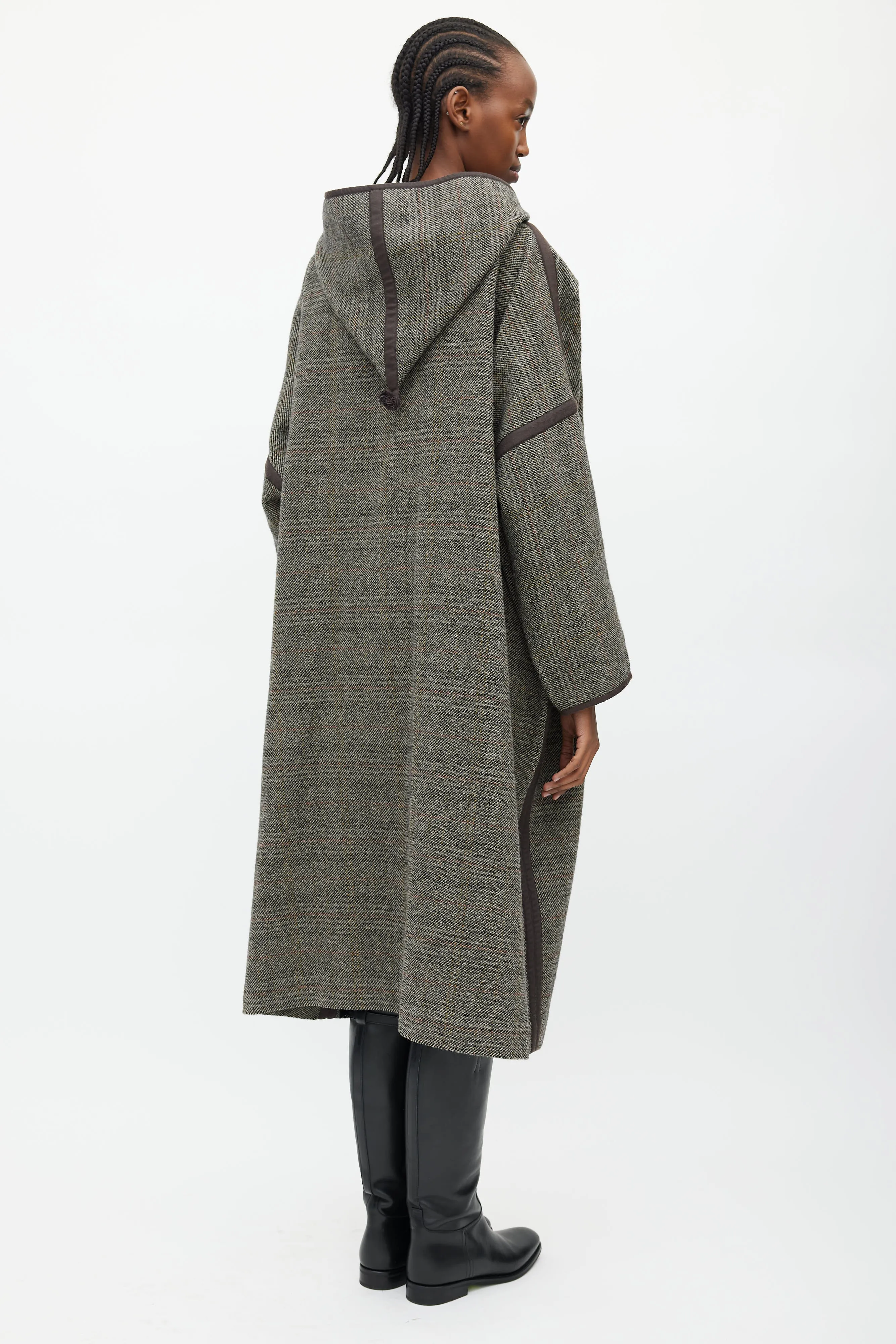 Brown & Grey Wool Hooded Open Coat