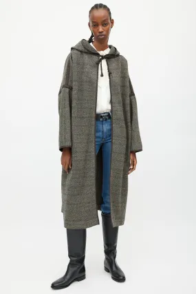 Brown & Grey Wool Hooded Open Coat