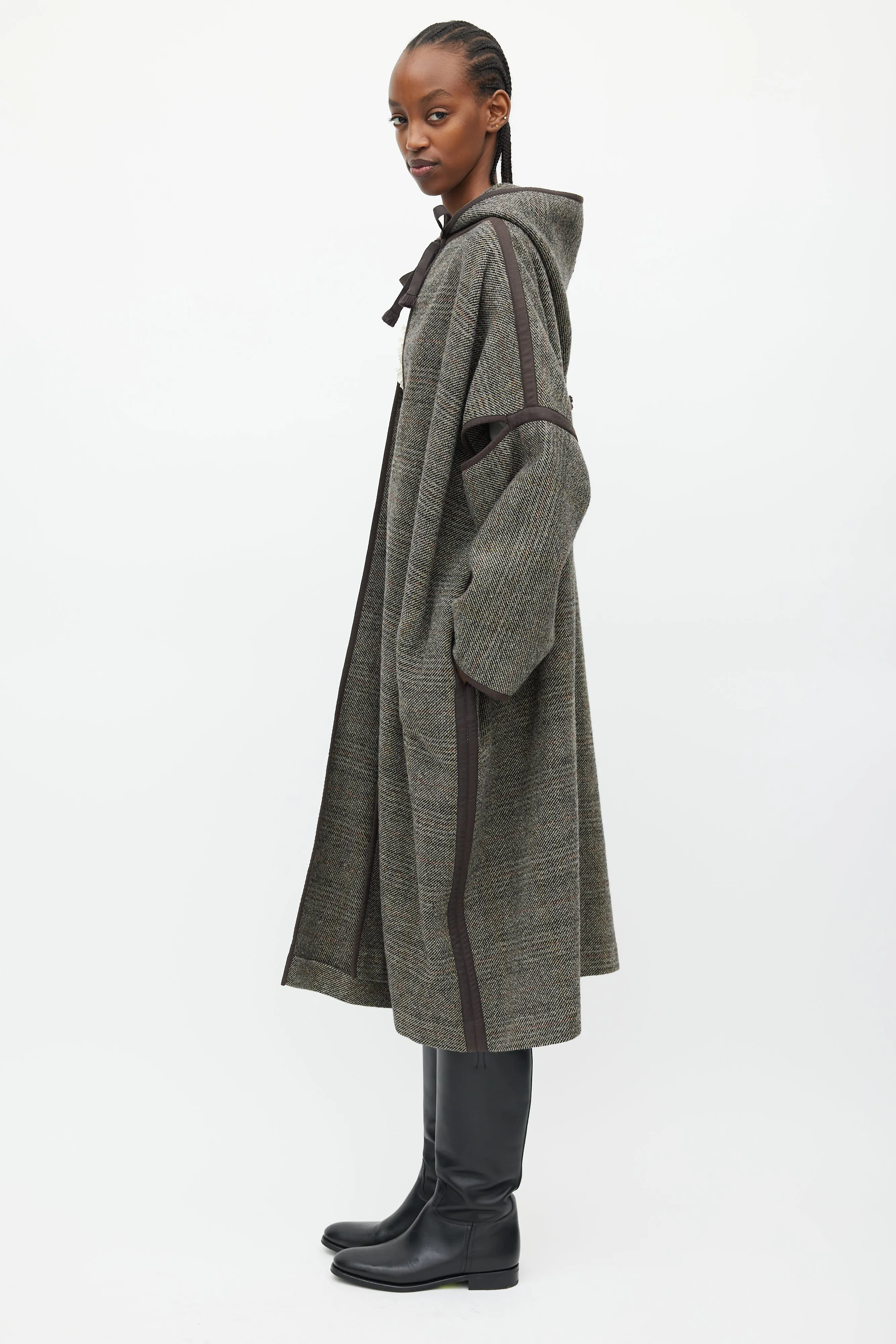 Brown & Grey Wool Hooded Open Coat