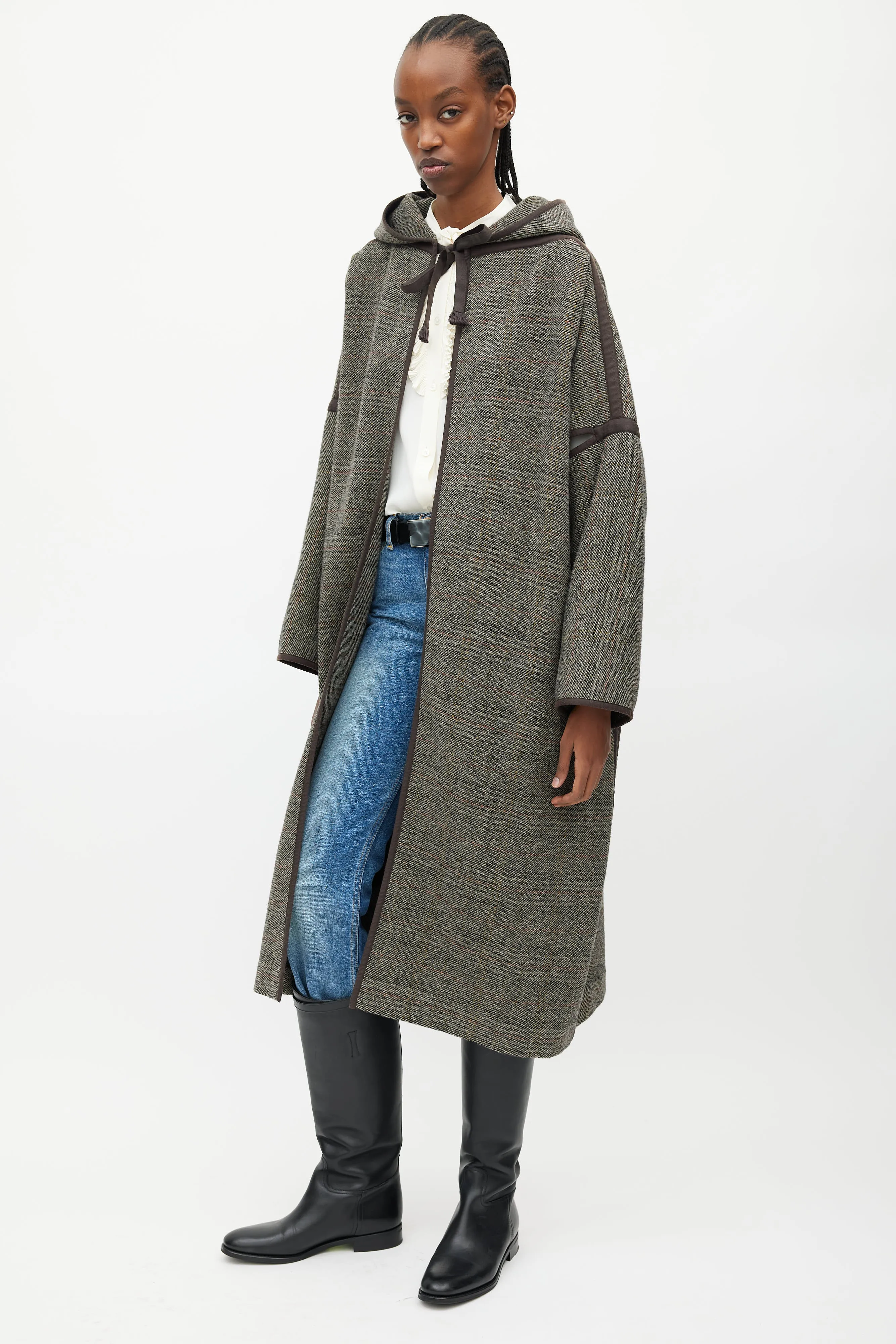 Brown & Grey Wool Hooded Open Coat