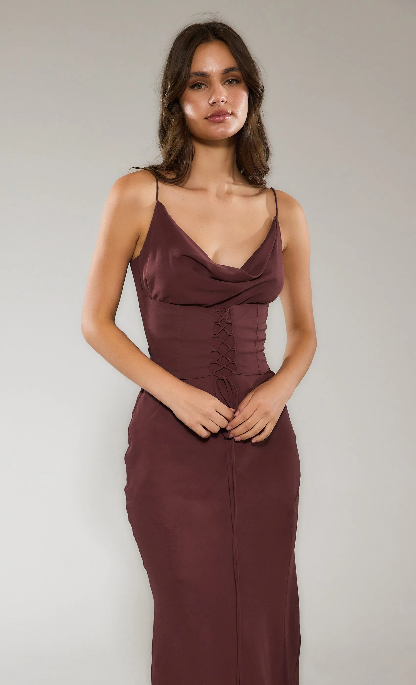 Brown Cowl Corset Midaxi Detail Dress