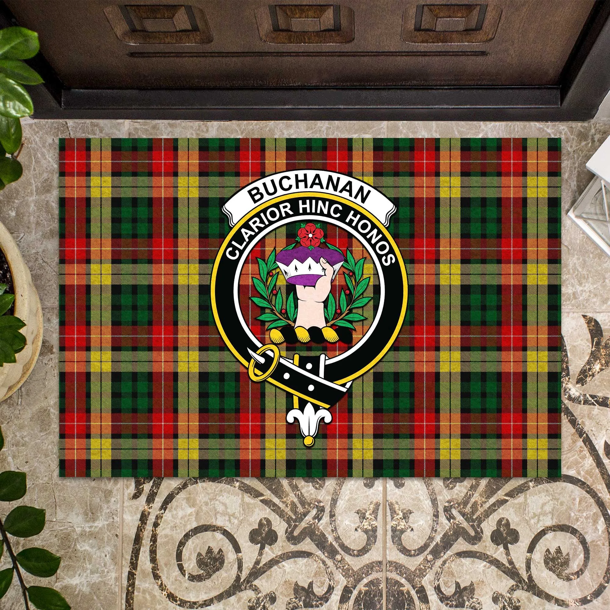 Buchanan Tartan Door Mat with Family Crest