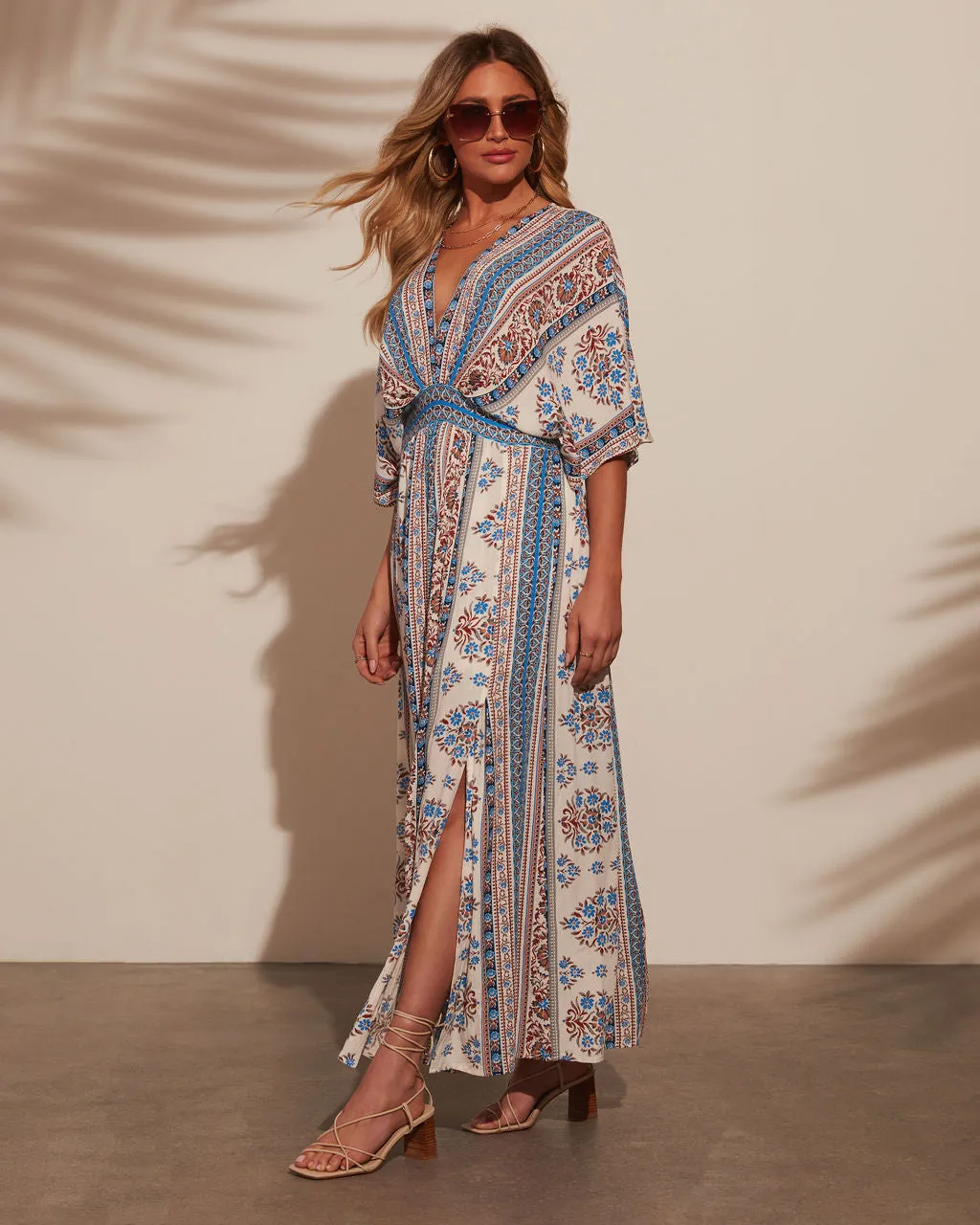 By The Shore Kimono Sleeve Empire Maxi Dress