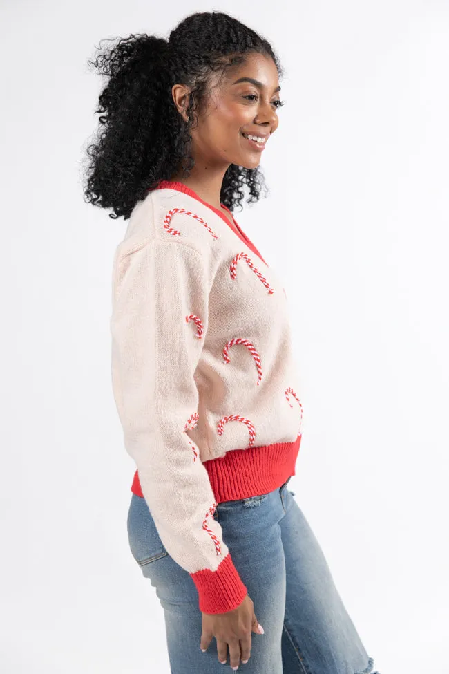 Candy Craze Pink and Red Candy Cane Patch V-Neck Sweater Macy Blackwell X Pink Lily FINAL SALE