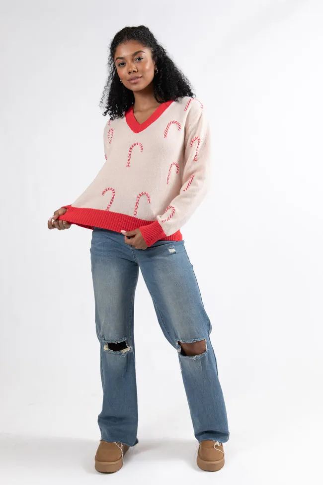 Candy Craze Pink and Red Candy Cane Patch V-Neck Sweater Macy Blackwell X Pink Lily FINAL SALE