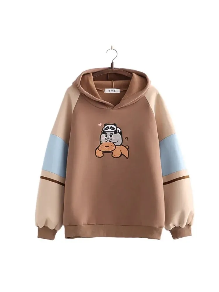 Cartoon Animal Embroider Harajuku Fleece Women Hoodies Winter Thick Drawstring Patchwork Hooded Sweatshirt Female Tops