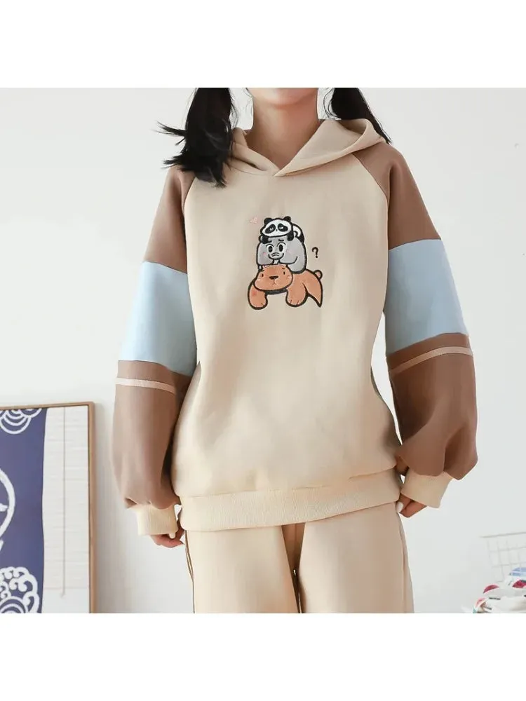 Cartoon Animal Embroider Harajuku Fleece Women Hoodies Winter Thick Drawstring Patchwork Hooded Sweatshirt Female Tops