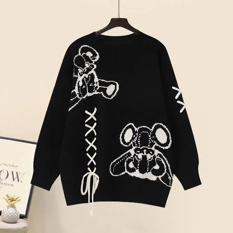 Cartoon Bear Streetwear Sweater Pleated Skirt Two Piece Set