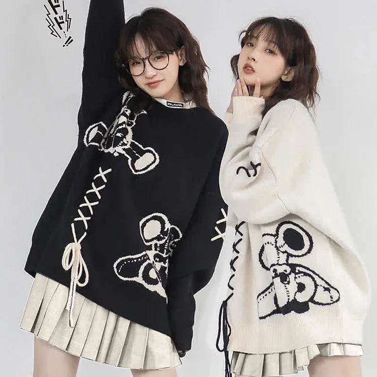 Cartoon Bear Streetwear Sweater Pleated Skirt Two Piece Set