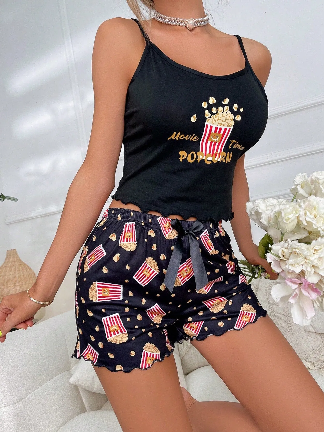 Cartoon Popcorn Printed Camisole And Shorts Pajama Set