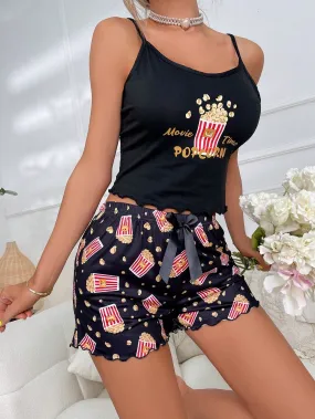 Cartoon Popcorn Printed Camisole And Shorts Pajama Set