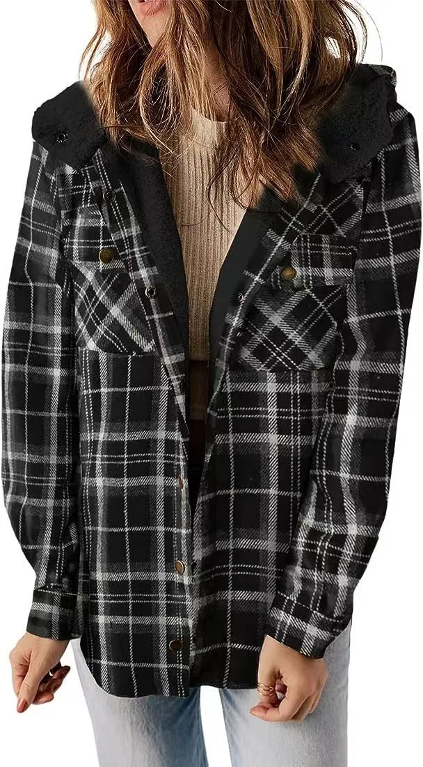 Casual Plaid Hooded Woolen Coat Thickened Fleece-lined Warm Jacket