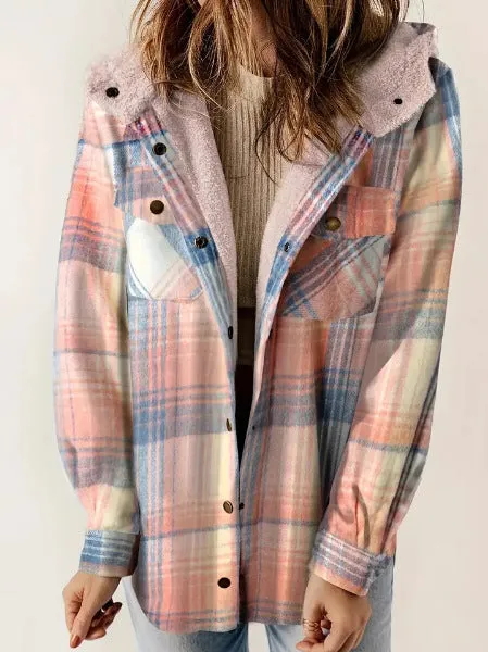 Casual Plaid Hooded Woolen Coat Thickened Fleece-lined Warm Jacket