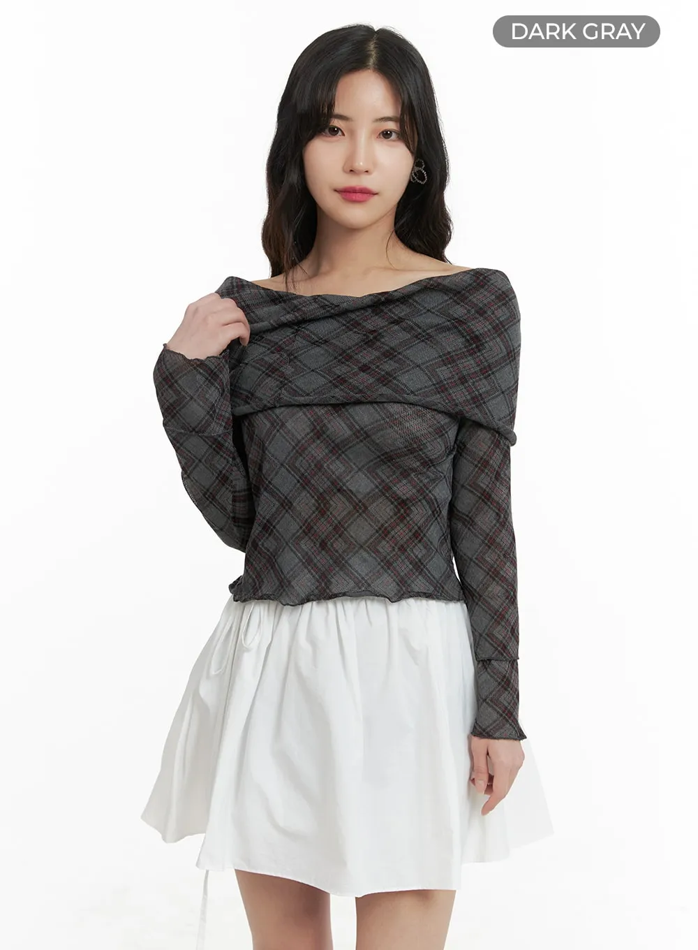 Checked Off-Shoulder Top OM422