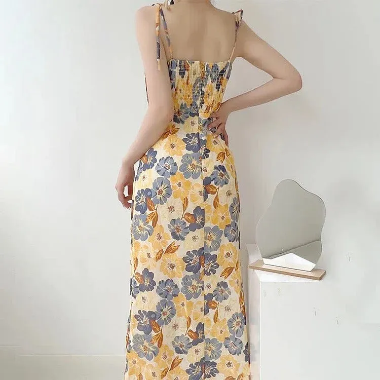 Chic Vintage Oil Painting Floral Print Lace Up Split Slip Dress