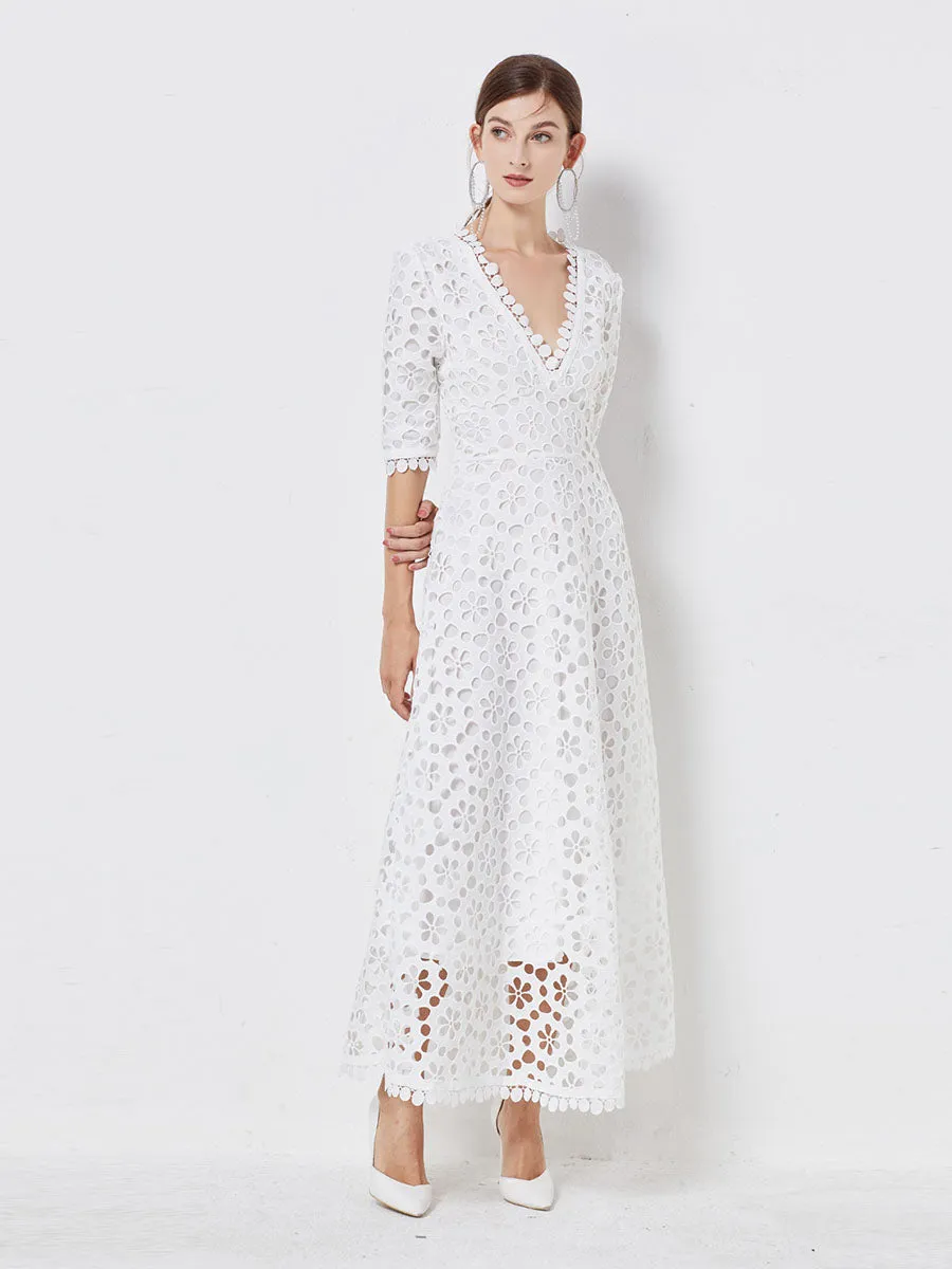 Chiffon Solid White V Neck Cut Out Half Sleeves Boho Dress