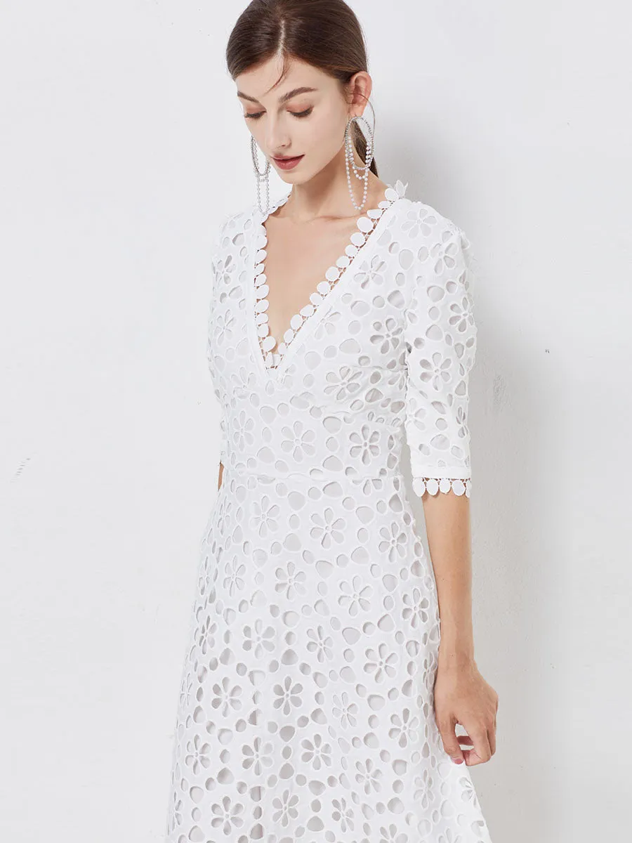 Chiffon Solid White V Neck Cut Out Half Sleeves Boho Dress