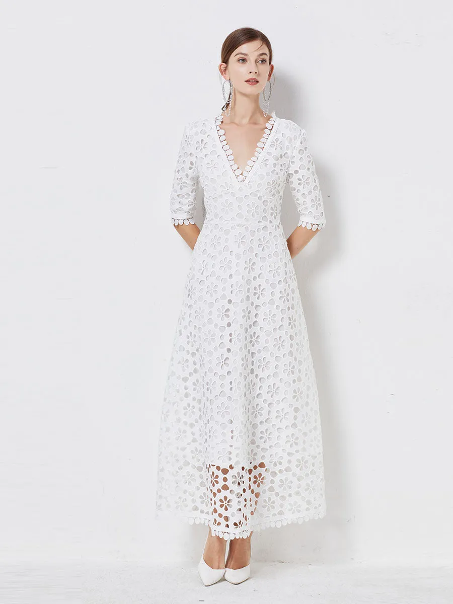 Chiffon Solid White V Neck Cut Out Half Sleeves Boho Dress