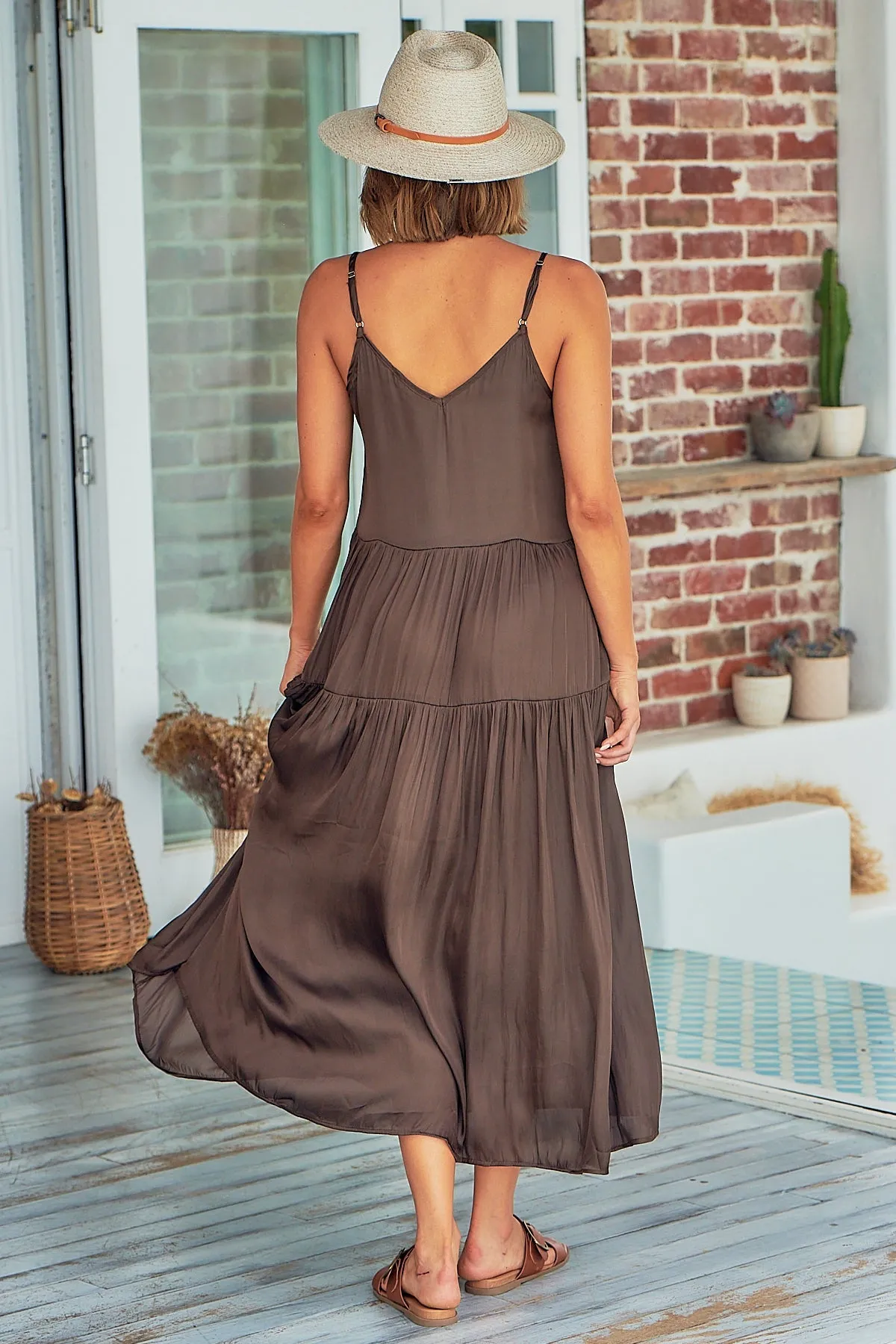 Collette Satin Tiered Brown Maxi Dress