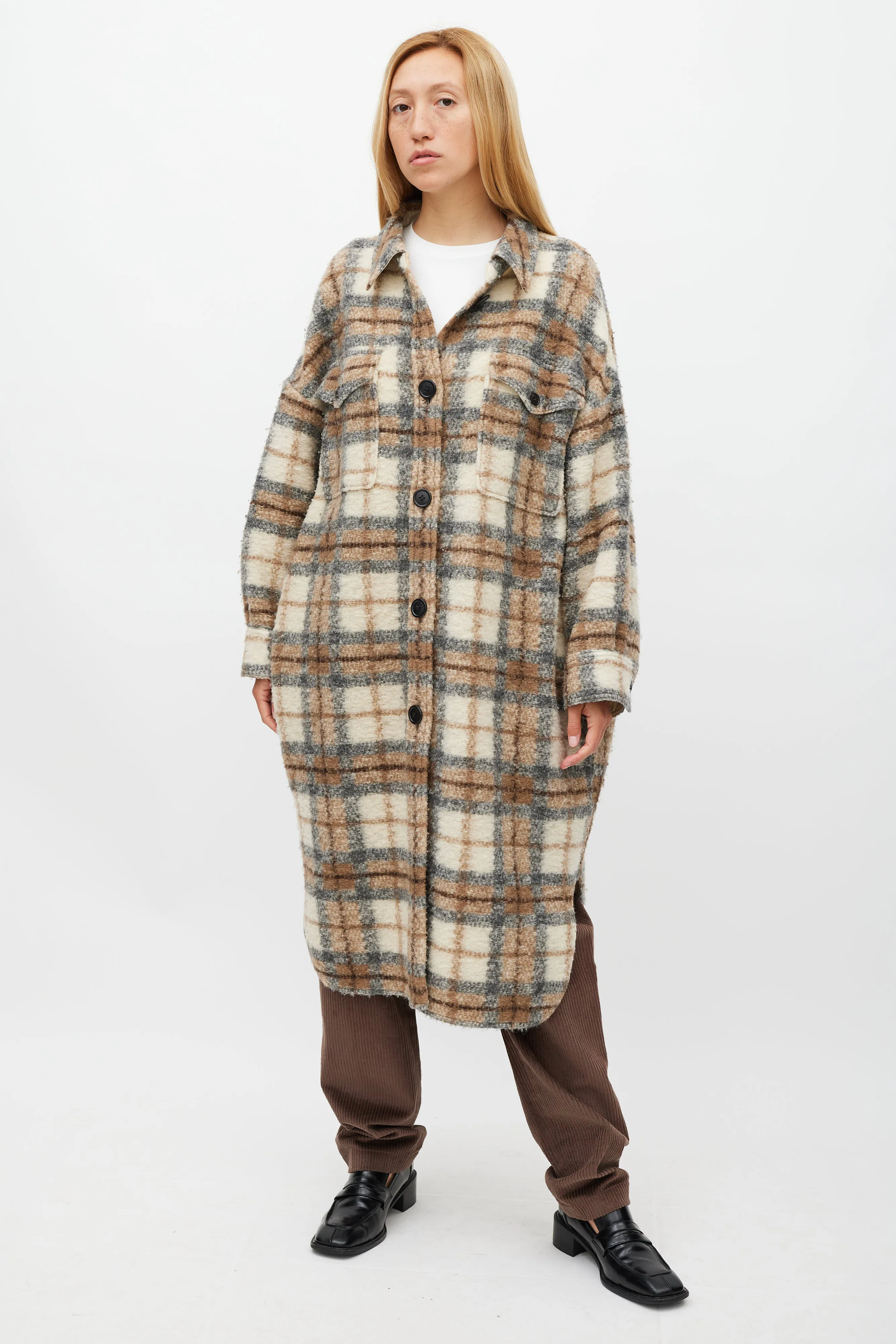 Cream & Brown Wool Gabrion Plaid Coat