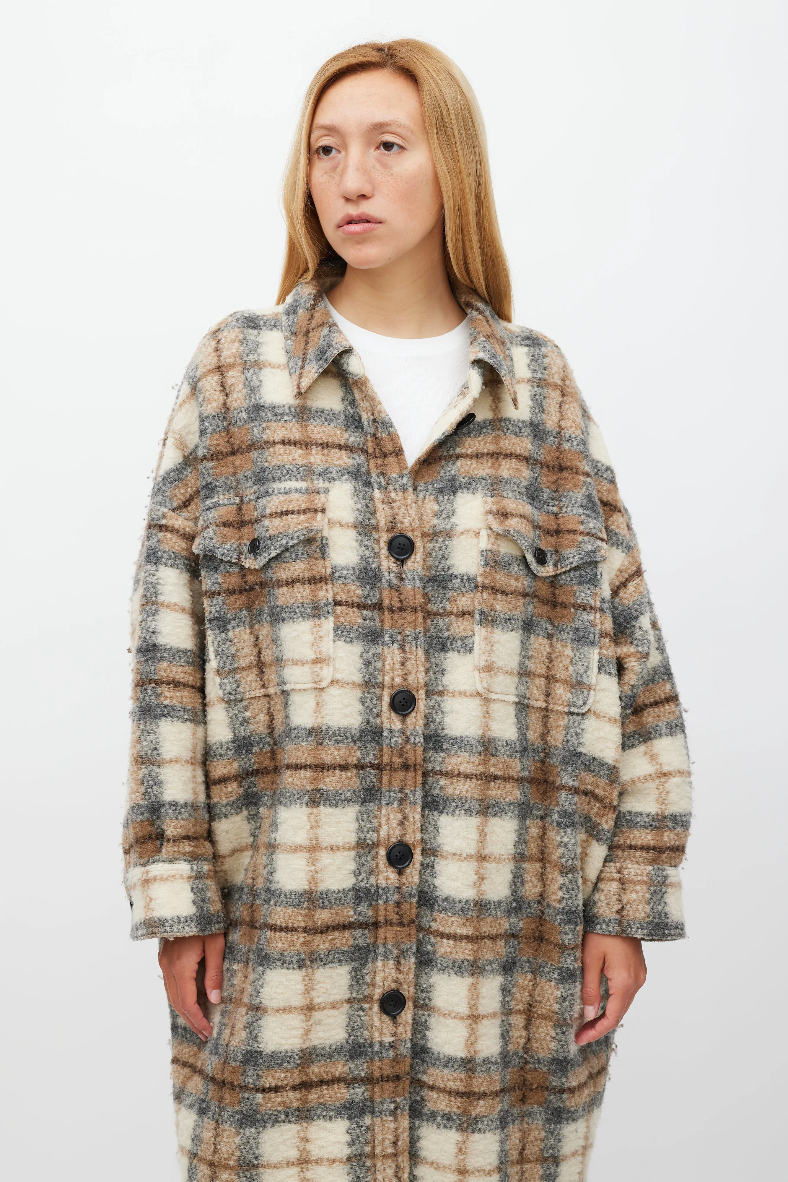 Cream & Brown Wool Gabrion Plaid Coat