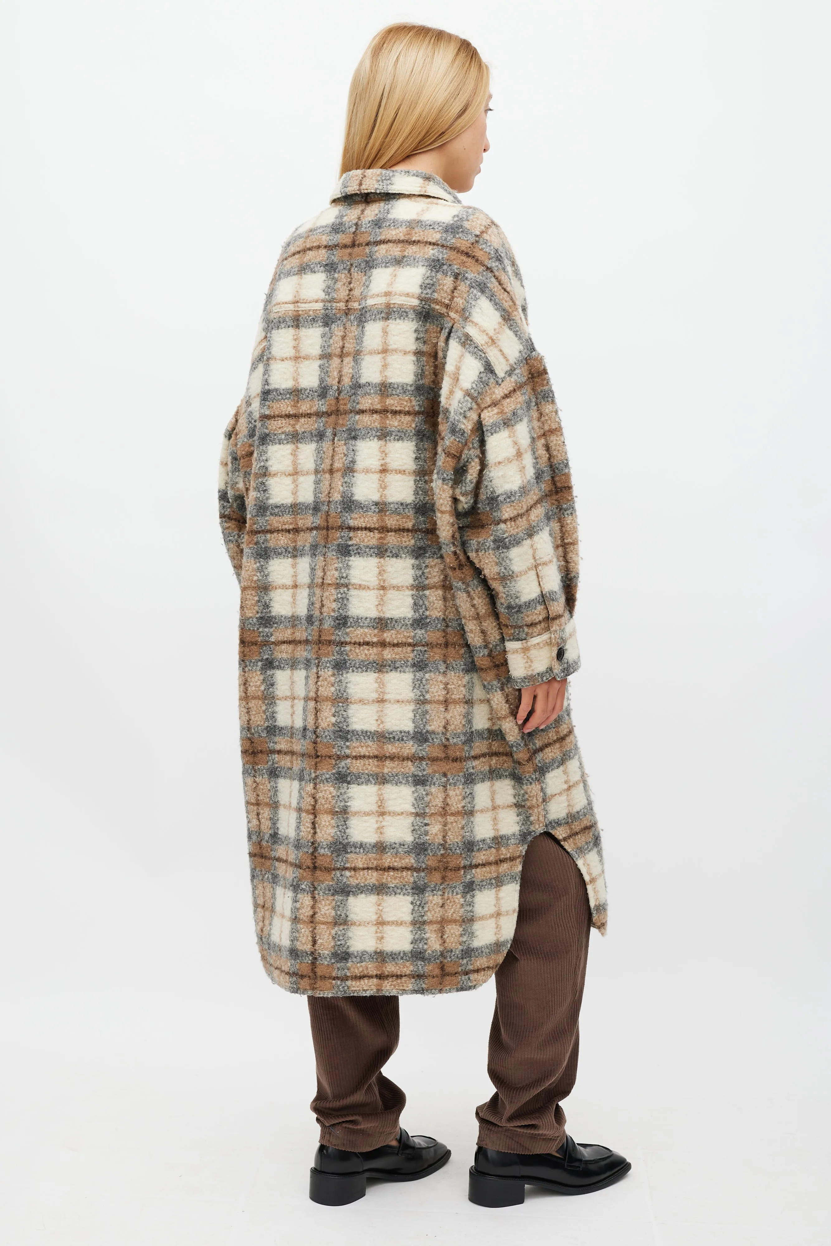 Cream & Brown Wool Gabrion Plaid Coat