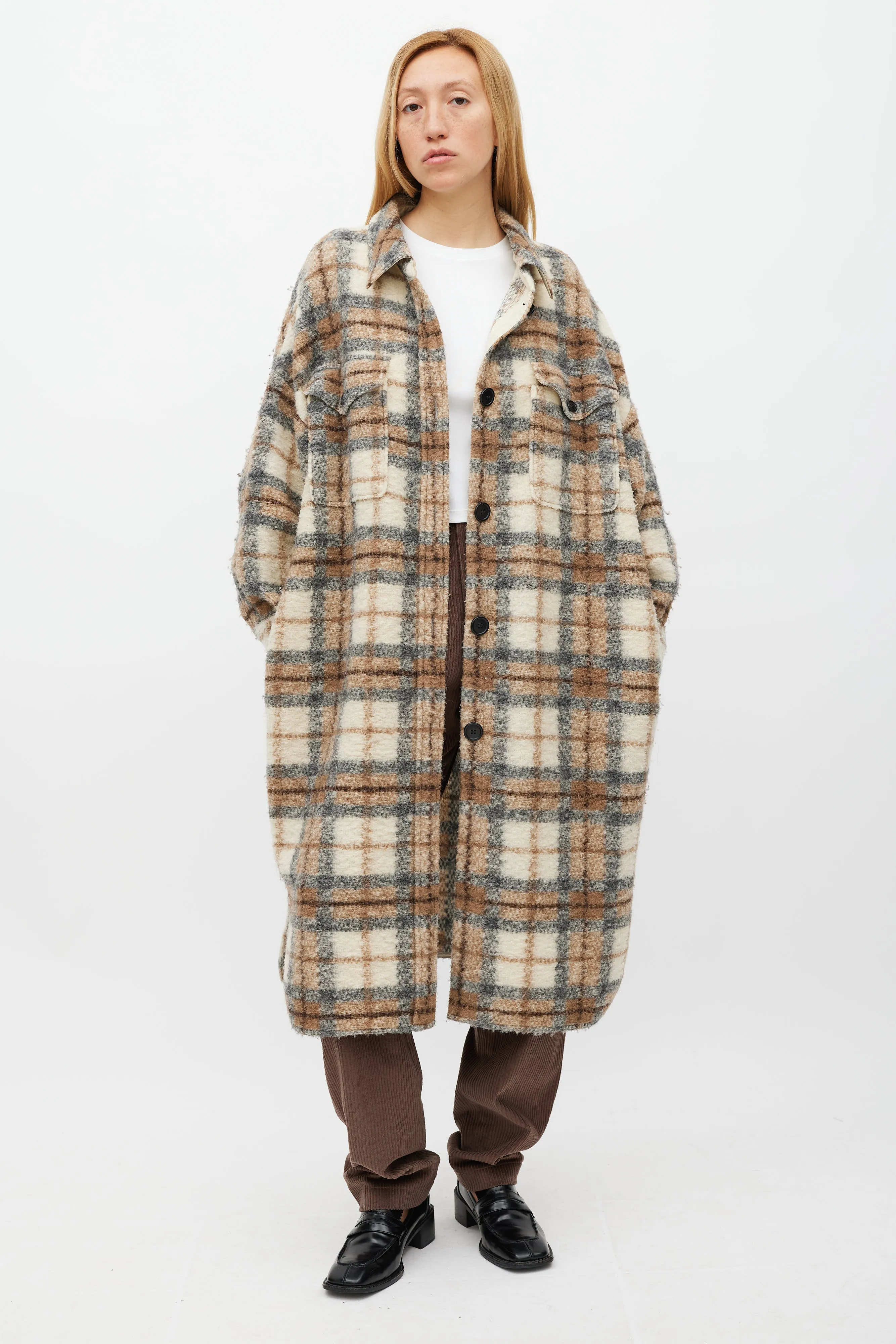 Cream & Brown Wool Gabrion Plaid Coat