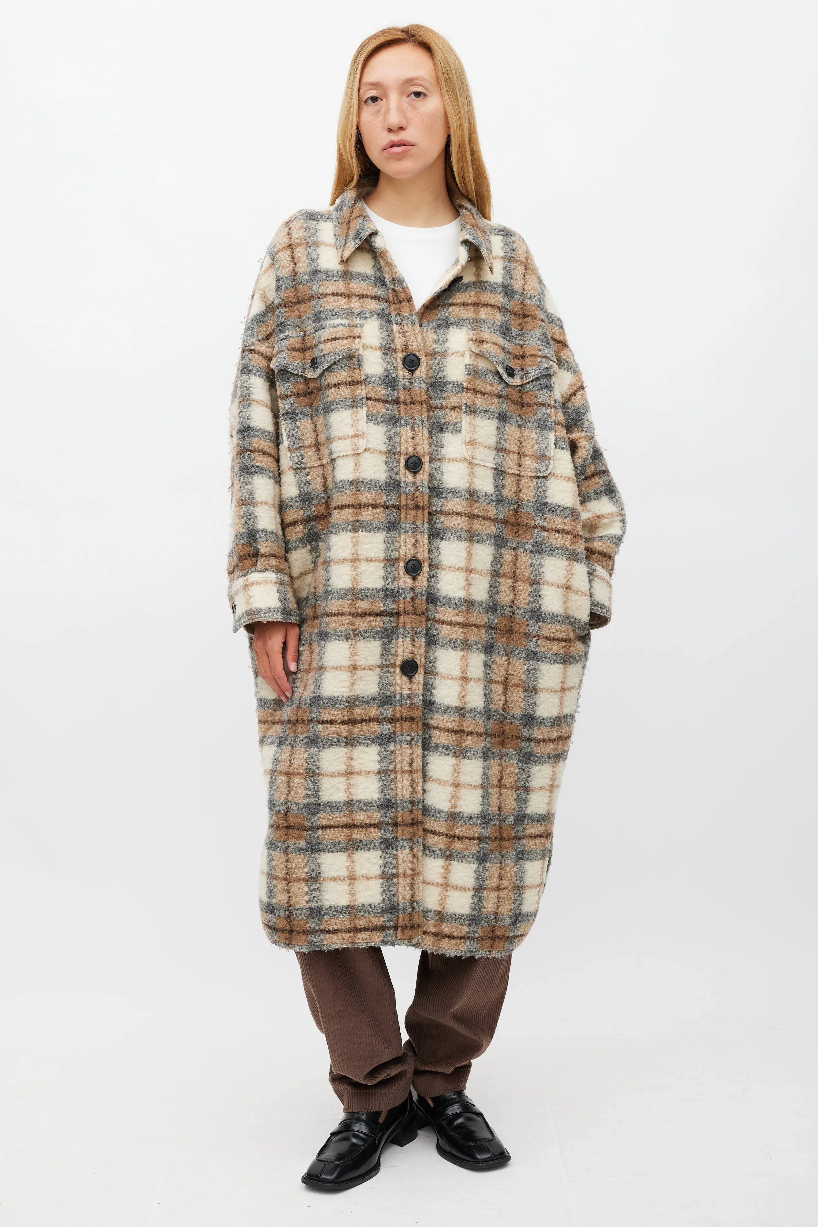 Cream & Brown Wool Gabrion Plaid Coat