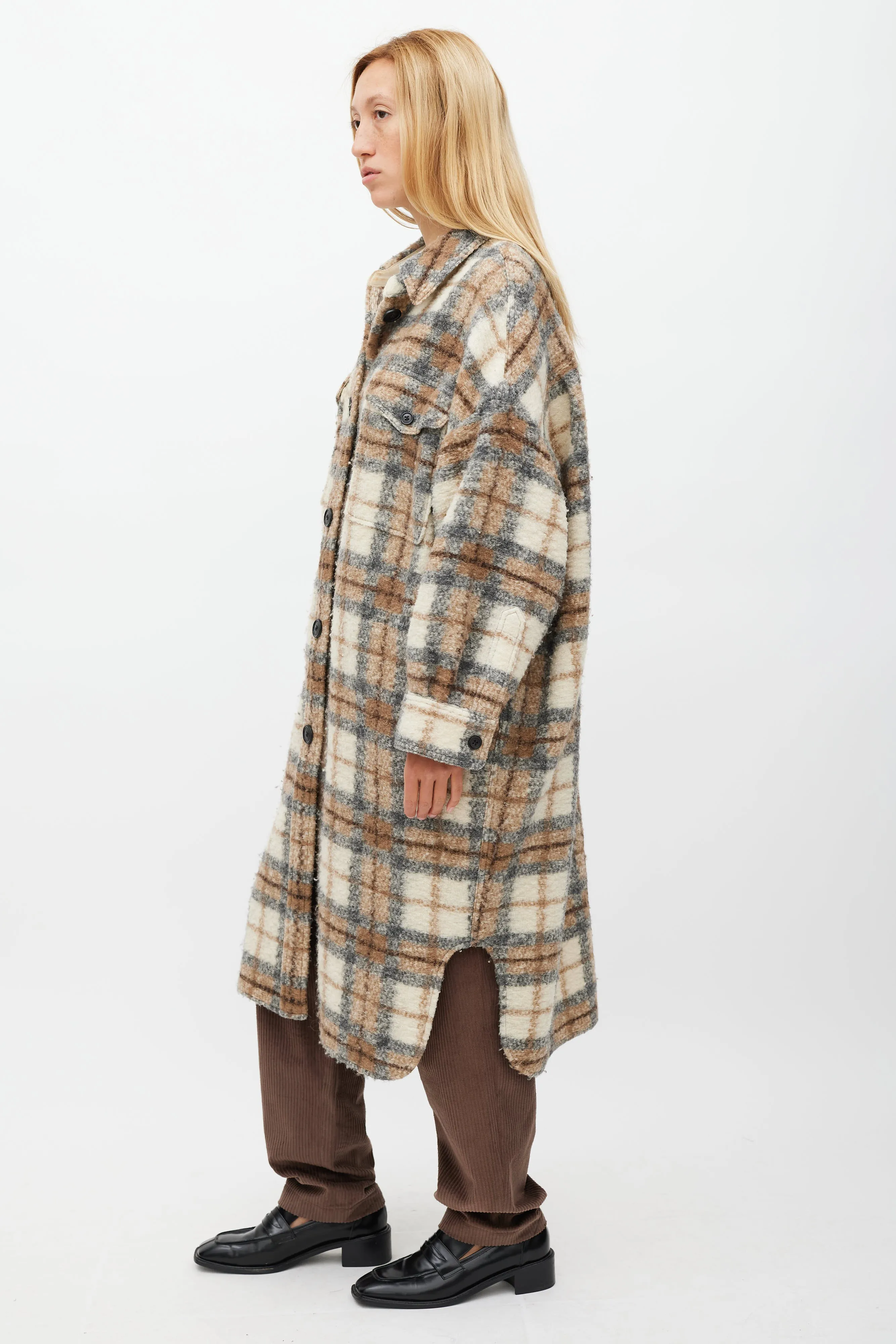 Cream & Brown Wool Gabrion Plaid Coat