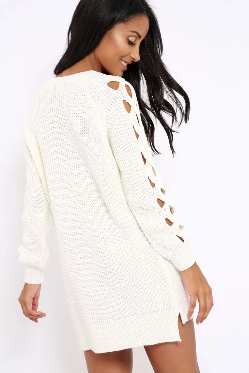 Cream Cable Knit Jumper Dress with Cut out Detail - Daysie